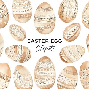 May include: A set of 14 watercolour Easter egg illustrations with intricate patterns in shades of brown and white. The eggs are arranged in a random pattern on a white background. The text "EASTER EGG Clipart" is written in black at the centre of the image.