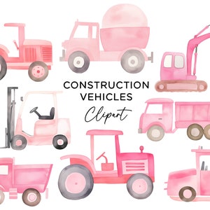 Pacote de clipart de veículo de construção, download digital rosa PNG Construtor Aquarela Escavadeira Caminhão basculante Misturador de cimento Empilhadeira Trator