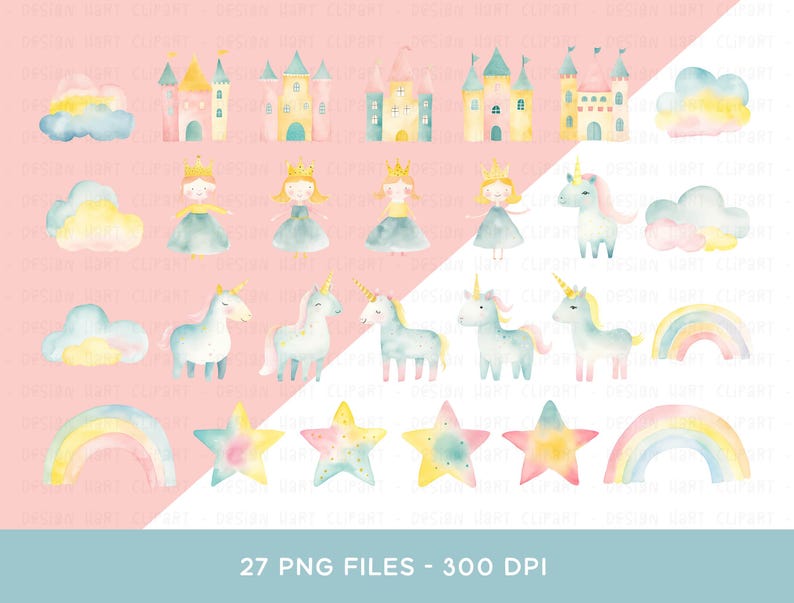 Princess Unicorn Rainbow Clipart Bundle, PNG Watercolor Clipart Kids ...