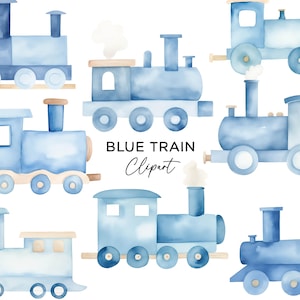 Zug Clipart Bundle, PNG Download Aquarell Blau Vintage Classic Holzspielzeug Züge für Kinder Einladungen Kinderzimmer Wandkunst Kommerzielle Nutzung