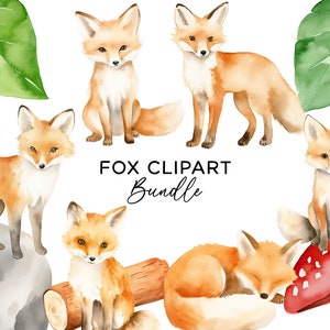 Bundle de cliparts aquarelle renard, pépinière animaux des bois Art PNG usage commercial Clip Art téléchargement numérique Invitations autocollants Scrapbooking