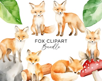 Watercolor Fox Clipart Bundle, Woodland Animal Nursery Art PNG Commercial Use Clip Art Digital Download Invitations Stickers Scrapbooking