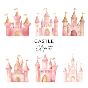 Pink Castle Clipart Bundle, Princess Magical Fairytale Pink Gold Girls Fairy Castle Cute PNG Watercolor Digital Download Commercial Use