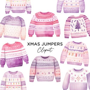 Weihnachten Pullover Clipart Bundle, PNG Grafiken Digital Download Aquarell Festlich Urlaub Pullover Rosa Lila Strickoberteil Weihnachten Kommerzielle Nutzung