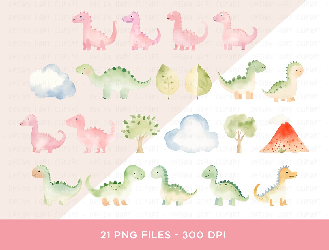 Dinosaur Clipart Bundle - Watercolor Jurassic Prehistoric Cute PNG ...
