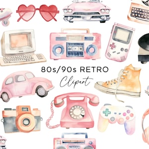 Bundle de cliparts rétro des années 80 et 90 - aquarelle Gameboy, patins à roulettes, machine à écrire, voiture ancienne, téléphone, ordinateur, boombox PNG pour usage commercial