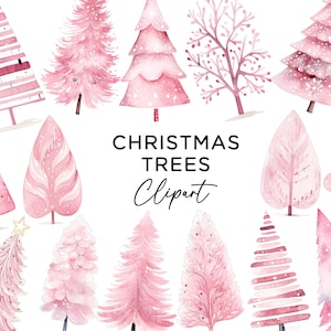 Bundle de cliparts arbre de Noël rose, aquarelle pastel arbres de Noël PNG à usage commercial en téléchargement numérique pour faire-parts autocollants Scrapbooking