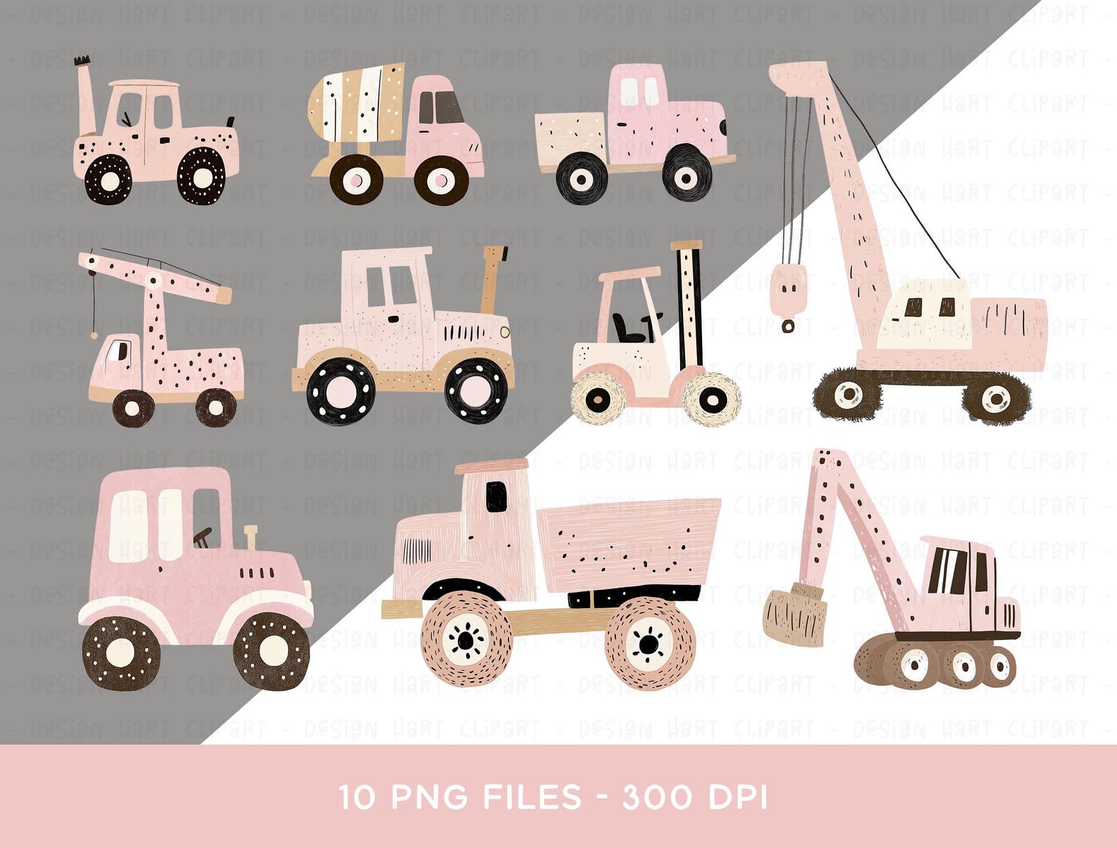 Pink Diggers Vector Construction Vehicle Clipart Bundle, Pink PNG Digital Download Builder ...