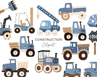 Könnte beinhalten: Illustration von Baufahrzeugen in Blau-, Braun- und Beigetönen. Die Clipart-Sammlung umfasst Lastwagen, einen Kran, einen Gabelstapler und ein Stoppschild. Der Text "CONSTRUCTION Clipart" ist ebenfalls enthalten.