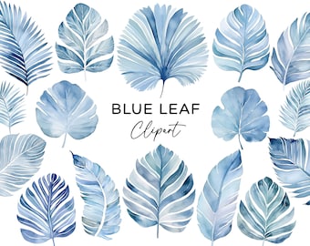 Paquete de imágenes prediseñadas de hoja azul - Hojas tropicales de acuarela Monstera Palm PNG para invitaciones de cumpleaños de boda Descarga digital Uso comercial