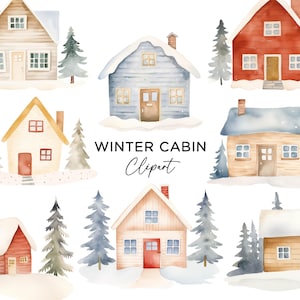 Wintercabine clipartbundel, png-afbeeldingen digitale download aquarel sneeuw blokhut rustiek bos bossen kersthuis commercieel gebruik