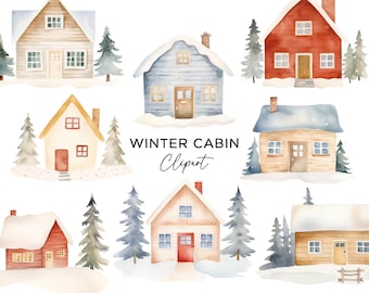 Winter Cabin Clipart Bundle, PNG Graphics Digital Download Watercolor Snow Log Cabin Rustic Forest Woods Christmas House Commercial Use