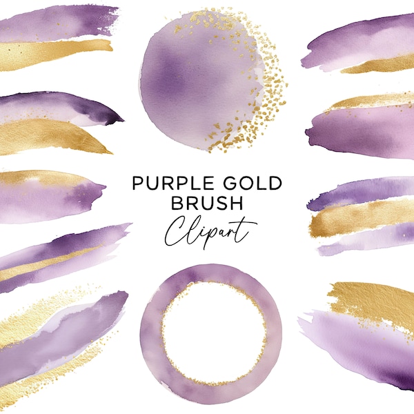 Brush Stroke Clipart Bundle - Pastel Purple & Gold Foil Sparkle Watercolor PNG Paint Brush for Invitations Wall Art Digital Download