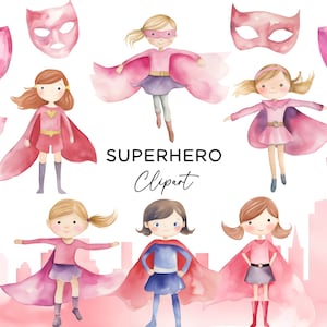 Pacote de clipart de super-heróis, super-heróis em aquarela PNG, gráficos de sublimação, download digital para uso comercial, convites para festas em quadrinhos para meninas