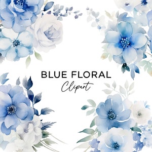 青い花のクリップアート バンドル、ダスティ ブルーの植物の水彩画の花の PNG ブーケ ウェディング招待状 商用利用 デジタル ダウンロード クリップアート