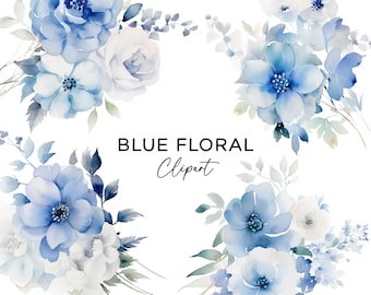 Blue Floral Clipart Bundle, Dusty Blue Botanical Watercolor Flower PNG Bouquet Wedding Invitations Commercial Use Digital Download Clip Art