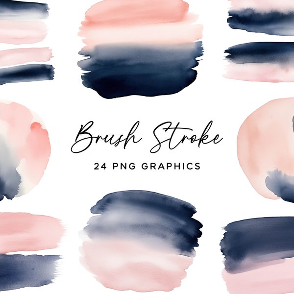 Brush Stroke Clipart Bundle - Watercolor Blush Pink Navy Blue Smudge Stain Splodge Graphics PNG Clip Art Paint Brush for Invitations Crafts