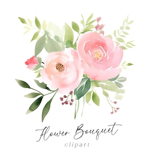 花束クリップアート - 柔らかいピンクと緑の水彩画の春の花の植物の束PNG、結婚式の招待状、カード、壁アート、商業用