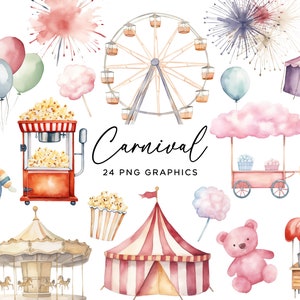 Paquete de imágenes prediseñadas de carnaval, atracciones de feria de circo en acuarela, fuegos artificiales de payaso, hilo dental de hadas, gráficos PNG para invitaciones, pegatinas para fiestas, álbumes de recortes
