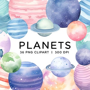 Bundle de cliparts planètes, aquarelle pastel galaxie système solaire PNG téléchargement immédiat usage commercial pour mariage anniversaire album planificateur