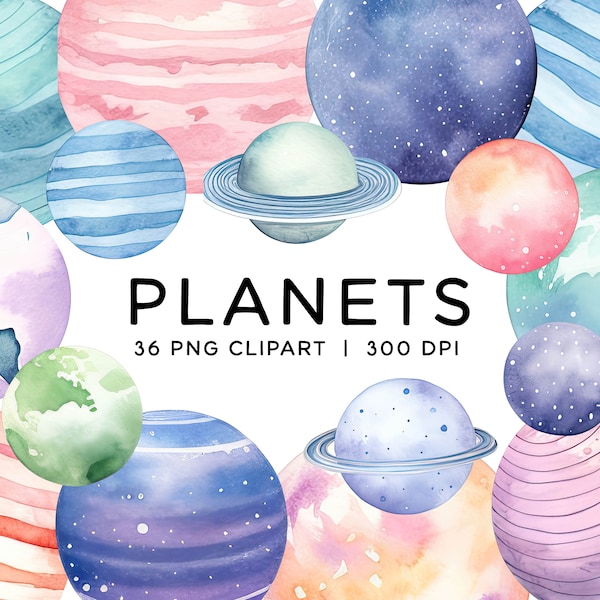 Planets Clipart Bundle, Watercolor Pastel Galaxy Solar System PNG Instant Download Commercial Use for Wedding Birthday Scrapbook Planner
