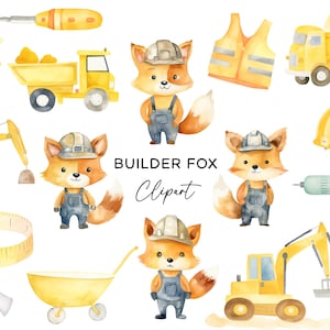 Bundle de clipart renard constructeur, outils de camion à benne basculante pelle animaux de construction pour fête d'enfants invitations Art PNG en téléchargement numérique
