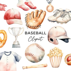 Pacchetto di clipart di baseball, sport baseball acquerello PNG palla guanto pipistrello trofeo per bambini ragazzi compleanno inviti vivaio arte digitale download