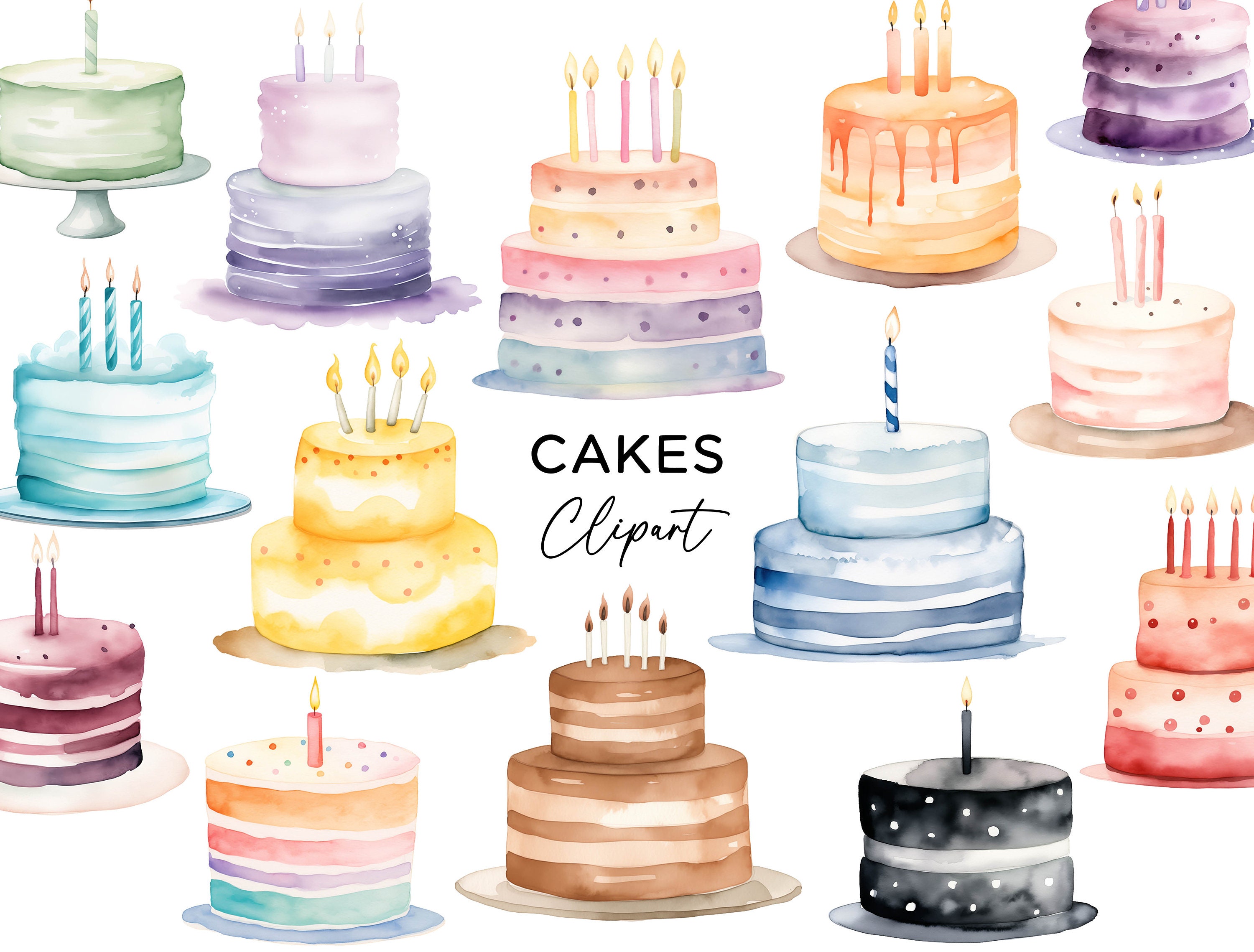 Cake Clipart Bundle, Watercolor Pastel Rainbow Cakes PNG Digital ...
