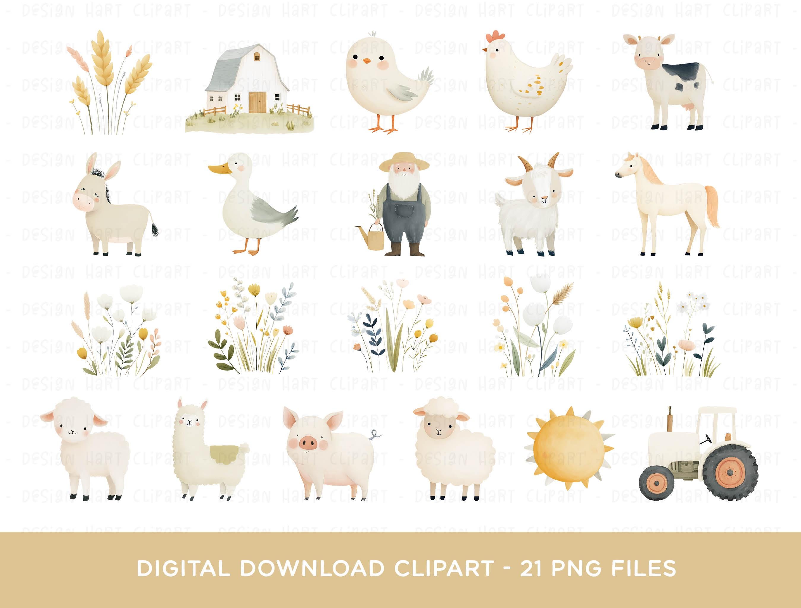 Farm Animal Clipart Bundle, Watercolor Barnyard Animals Pig Cow Horse ...