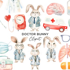 Pakiet clipartów Doktor Królik, grafika PNG do pobrania Akwarela Doktor Królik Kreskówka Medyczny Pielęgniarka Dentysta Ambulans Komercyjne zastosowanie