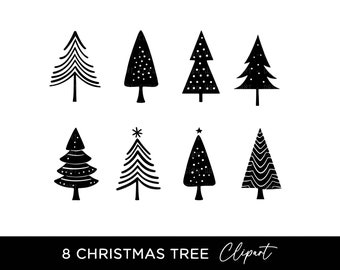 Christmas Tree Clipart Bundle, PNG SVG Black & White Silhouettes Digital Download Commercial Use Xmas Holiday Sublimation Graphics Clip Art