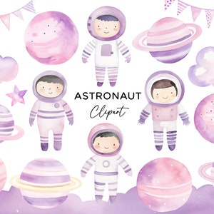 Pacchetto Clipart astronauta, ragazze spazio galassia pianeti viola rosa bambini simpatici astronauti PNG acquerello download digitale clipart per uso commerciale