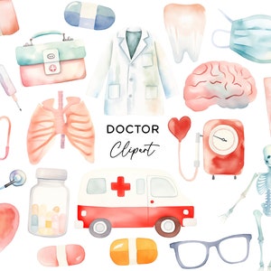 Pakiet clipartów dla lekarzy, cyfrowe pobieranie PNG Akwarela Medyczny Dentysta Pielęgniarka Ambulans Kreskówka Mózg Serce Szkielet Pierwsza pomoc Użytkowanie komercyjne