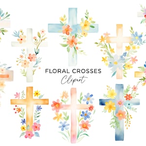 Blumen Kreuz Clipart Bundle, PNG Grafik Digital Download Aquarell Religiöser Jesus Gott Kreuz Taufe Kommunion Ostern Blume Werbung