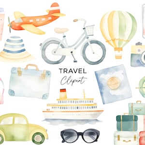 Paquete de imágenes prediseñadas de viajes, PNG, descarga, acuarela, vacaciones, aventura, pasaporte, maleta, equipaje, mapa, avión, barco, viajero, uso comercial