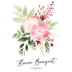 Clipart bouquet floral - aquarelle rose pastel et rouge fleurs botaniques PNG pour anniversaire de printemps, faire-part de mariage, art mural, cartes de voeux