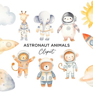 Pacchetto di clipart di animali astronauti, download digitale PNG, acquerello, spazio, pianeta, razzo, inviti per feste per bambini, arte murale per la cameretta dei bambini, uso commerciale