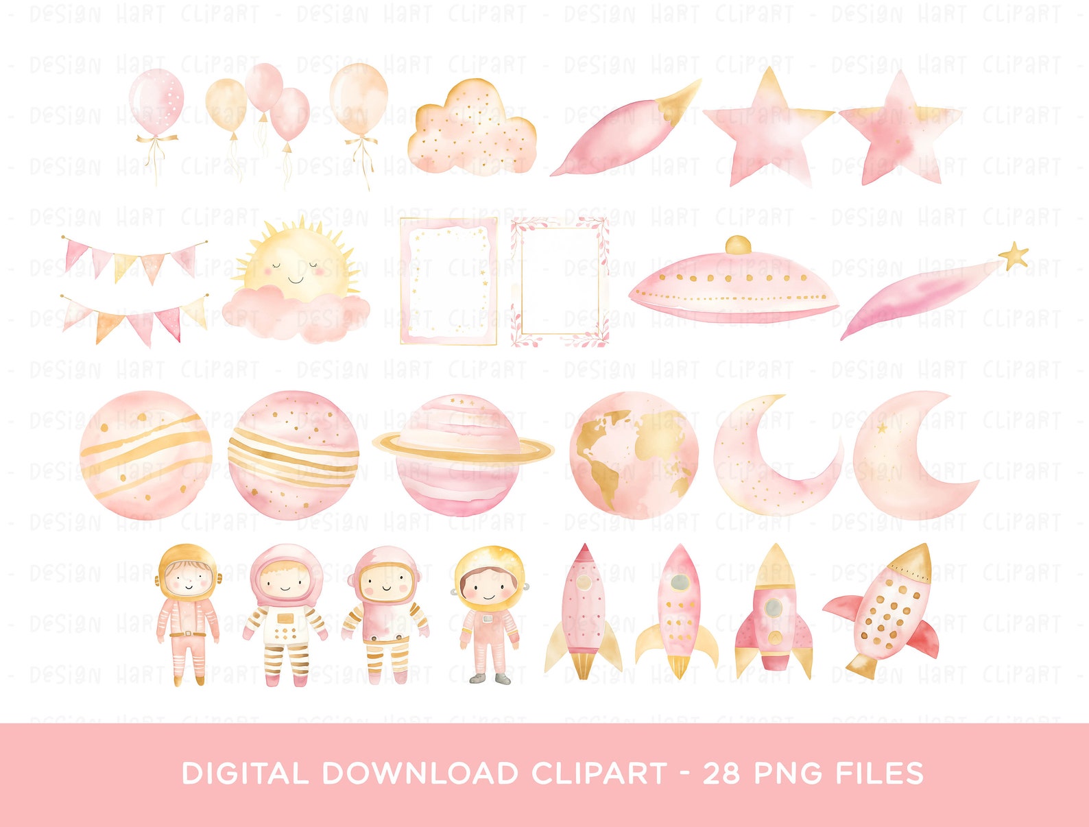 Astronaut Clipart Bundle, Watercolor PNG Girls Pink Digital Download ...