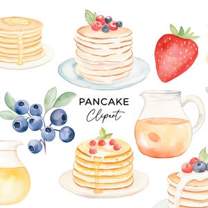 以下が含まれることがあります： 水彩画のパンケーキクリップアートセットのイラスト。セットには、ブルーベリーとイチゴを添えたパンケーキ、オレンジジュースのピッチャー、ミルクのピッチャーが含まれています。イラストは軽く、風通しの良いスタイルで、さまざまなプロジェクトで使用できます。