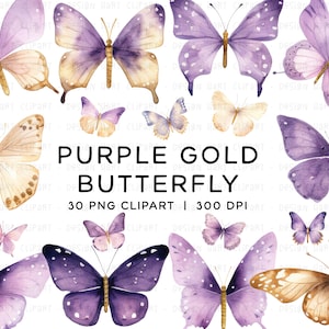 Bundle de cliparts papillon - aquarelle, ailes de bohème or violet pastel fichiers PNG sublimation lunatique moderne tout usage commercial Clip Art