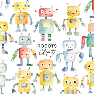 Roboter Clipart Bundle, PNG Digital Download Aquarell Gelb Blau Rot Mechanische Roboter für Jungen Einladungen Aufkleber Kommerzielle Nutzung