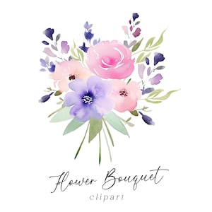 Clipart bouquet floral - bouquet botanique printanier aquarelle violet et rose doux PNG pour faire-part de mariage, cartes de voeux, art mural commercial
