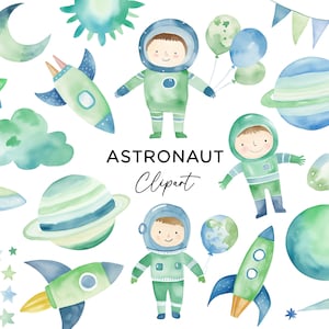 Paquete de imágenes prediseñadas de astronauta, acuarela espacio galaxia cohete nave planeta cósmico celestial verde niños niño clipart descarga digital uso comercial
