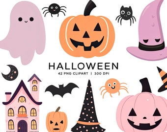 Halloween clipart bundel, schattige pompoen Jack-O-Lantern roze paars oranje graphics PNG commercieel gebruik voor uitnodigingen stickers scrapbooking