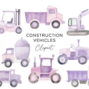 Baufahrzeug Clipart Bundle, Pastell Lila PNG Digital Download Aquarell Bagger Bagger Kipper Zementmischer Traktor
