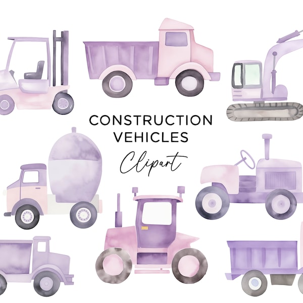 Construction Vehicle Clipart Bundle, Pastel Purple PNG Digital Download Watercolor Digger Excavator Dump Truck Cement Mixer Forklift Tractor