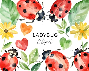 Ladybug Clipart Bundle, Watercolor Cute Ladybird Bugs PNG Insect Digital Download, Commercial Use for DIY Invitations Sticker Scrapbook Art