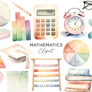 Paquete de imágenes prediseñadas de matemáticas, PNG, descarga digital, acuarela, matemáticas, escuela, calculadora, libros, ábaco, archivos de imágenes prediseñadas para uso comercial