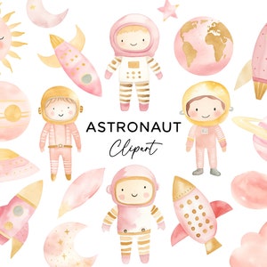 Paquete de imágenes prediseñadas de astronauta, acuarela PNG niñas oro rosa descarga digital uso comercial para invitaciones planeta galaxia cohete nave espacio