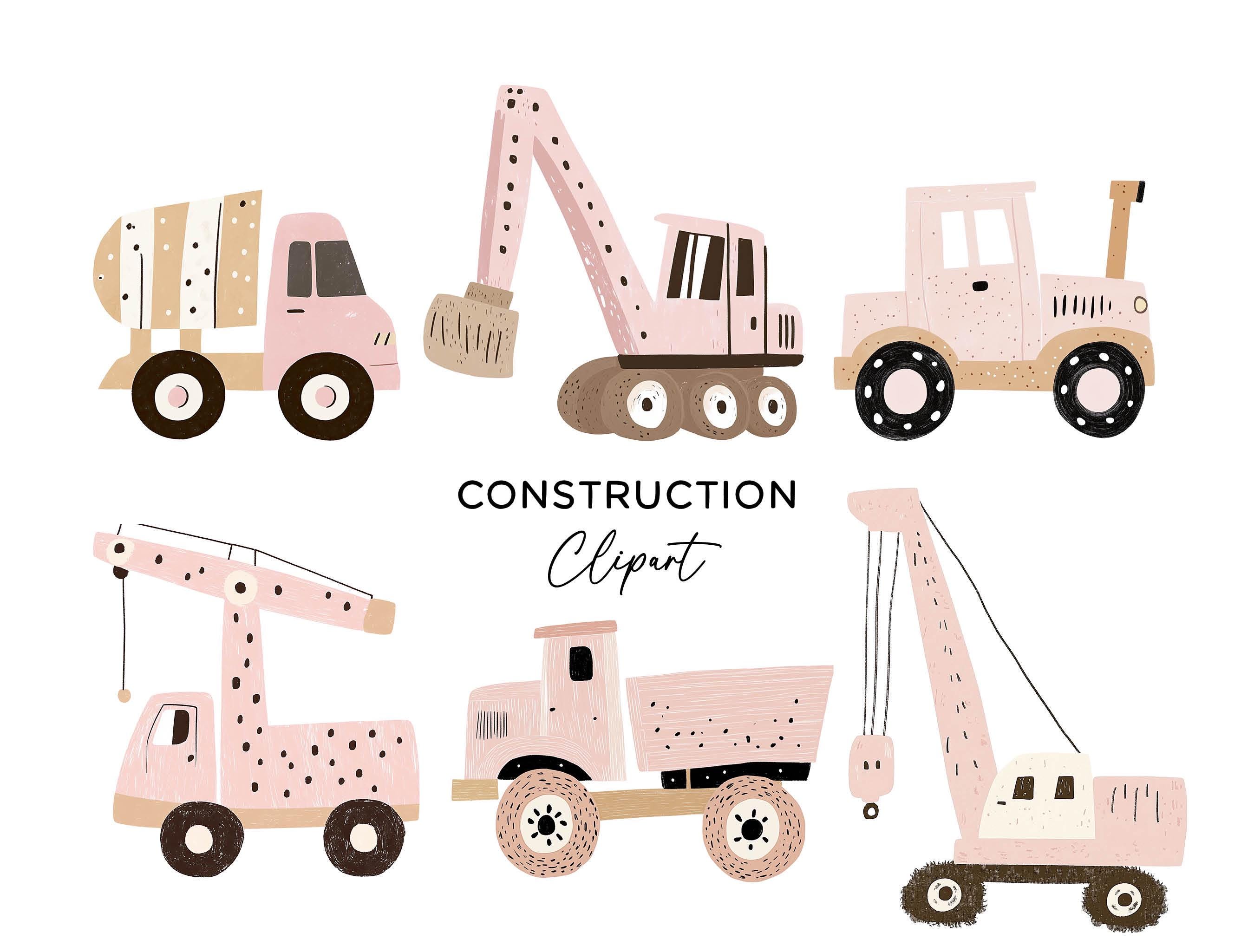 Pink Diggers Vector Construction Vehicle Clipart Bundle, Pink PNG Digital Download Builder ...